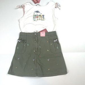 NWT Gymboree Gilr Olive Embroidered Pocket Skort & Market Scene Tank Size 6
